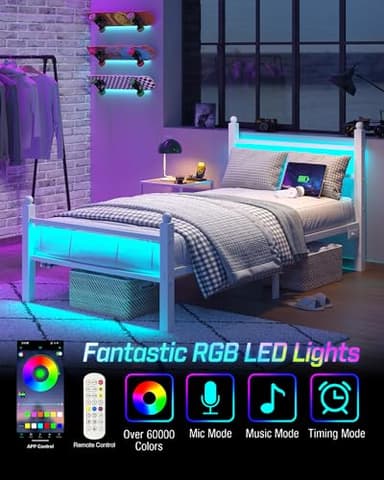 CollaredEagle Twin Bed Frame with Headboard and Footboard, Metal Bed Frame with Charging Station and LED Lights, Under Bed Storage, No Box Spring Needed,Noise Free,White - Image 6