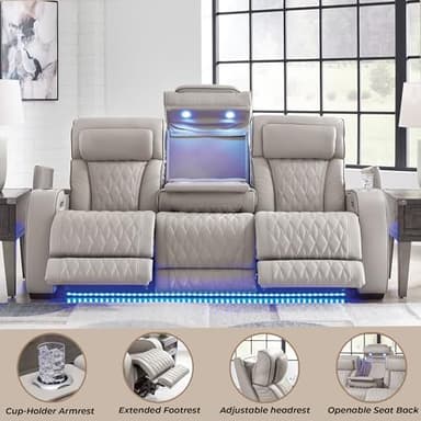 Signature Design by Ashley Boyington Contemporary Leather Match Power Reclining Sofa with USB Charging Ports, LED Lights and Adjustable Headrest, Light Gray - Image 12