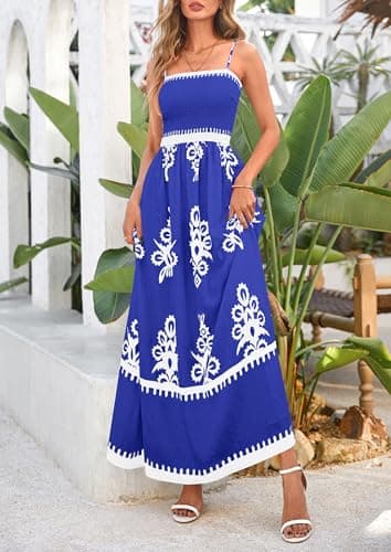 PRETTYGARDEN Summer Dress for Women 2025 Floral Sundress Spaghetti Strap Flowy Beach Vacation Boho Maxi Dresses (Royal Blue White Floral,Small) - Image 3