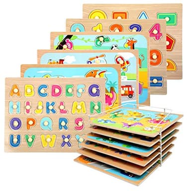 WOOD CITY Toddler Puzzles and Rack Set, Wooden Peg Puzzles Bundle with Storage Holder Rack, Educational Knob Puzzle for Kids Age 2 3 4 Years - Alphabet Number Shape Dinosaur Animal Vehicle - Image 1