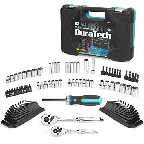 DURATECH 93 Piece Mechanics Tool Set, SAE/Metric Drive Socket Set(1/4 Inch and 3/8 Inch) with Ratchet handle Spark Plug Magnetic bit driver and Tool Accessories Set - Image 1