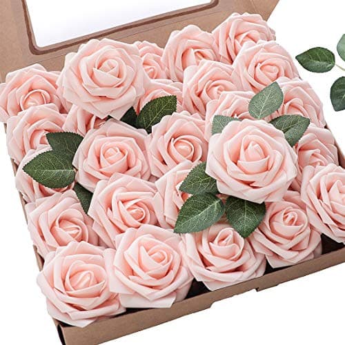 Floroom Artificial Flowers 25pcs Real Looking Blush Foam Fake Roses with Stems for DIY Wedding Bouquets Bridal Shower Centerpieces Party Decorations - Image 1