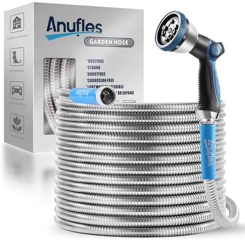Metal Garden Hose 50ft Upgraded Kink Free and Rust Resistant Design, Stainless Steel Garden Hose With Solid Fitting and 8-Function Nozzle, Durable and Lightweight Outdoor Hose, Easy To Store - Image 1