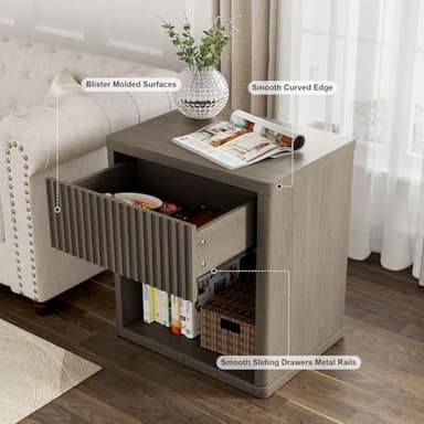 Sunny Heart Night Stand Scandinavian Nightstand with Fluted Drawer Storage End Table Modern Mid Century Wood Bedside Table for Bedroom Sofa Couch Office - Antiqued Brown Oak - Image 4
