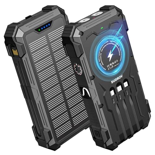 Sudrov Solar Charger Power Bank, 42800mAh Wireless Portable Charger with USB-C in/Output, QC3.0 Fast Charging 15W 4 Ports Outdoor Battery Pack Built-in Dual Led Flashlights for iPhone Samsung etc - Image 1