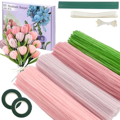 400 Pcs Pipe Cleaners Craft,4 Assorted Colors Pipe Cleaners Bulk, Chenille Stems for DIY Flower Making Kit with Floral Wires, Gardening Tape,Stamen& Ribbon (Pink) - Image 1