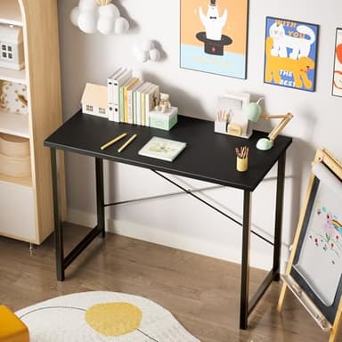 Sweetcrispy Small Computer Office Desk 32 Inch Kids Student Study Writing Work with Metal Frame Wood Tabletop Modern Simple Home Bedroom PC Table - Black - Image 5
