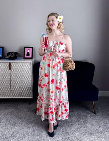 GRACE KARIN Women's 2025 Summer Casual Boho Sundress Flower Spaghetti Strap Square Neck Flowy Maxi Dresses with Pockets Red White Floral XXL - Image 5