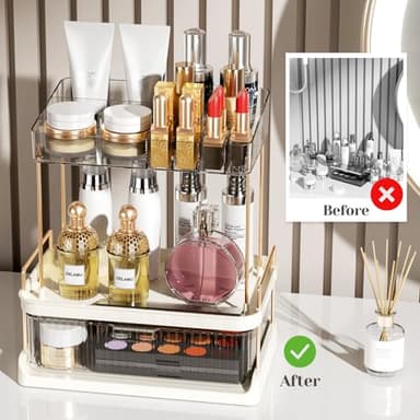 Delamu 2-Tier Bathroom Countertop Organizer with Drawer, Large Capacity Makeup Skincare Organizer Multi-Compartment Vanity Storage for Cosmetics Toiletries, Easy to Assemble, Stylish Design, Colorless - Image 7