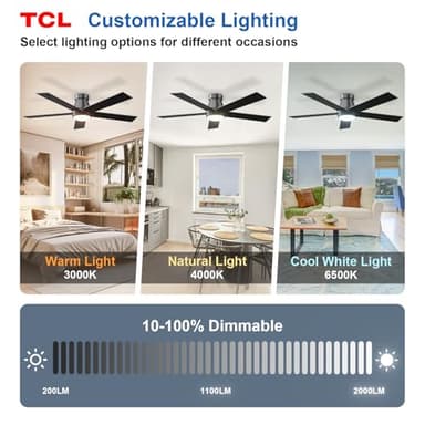 TCL 52" Ceiling Fan with Lights, Black Flush Mount Ceiling Fans with Remote Control, 6 Speeds DC Reversible, Dimmable, Noiseless, Low Profile Ceiling Fans for Bedroom - Image 3