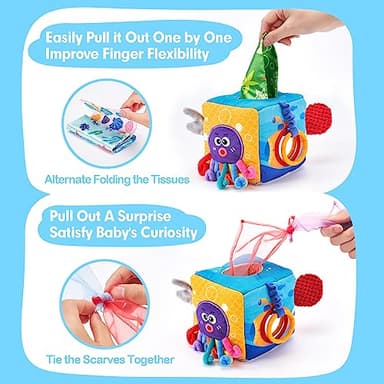 hahaland Baby Tissue Box Toy - Baby Toys 6-12 Months Montessori Toys for 6 Month Old with Textured Tails, Crinkle Tissues, Squeaky, Mirror, Gifts Play Silks Sensoy Scarves for Babies Stocking Stuffers - Image 5