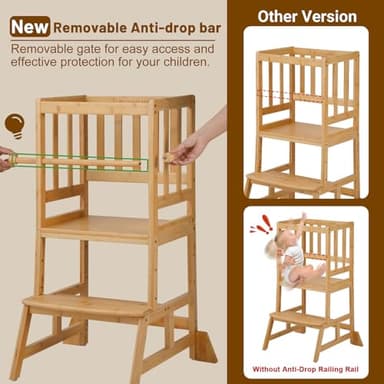 COSYLAND Toddler Standing Tower - Adjustable Height Toddler Kitchen Stool Helper - Kids Kitchen Step Stool for Learning with Removable Safety Railing Natural - Image 3