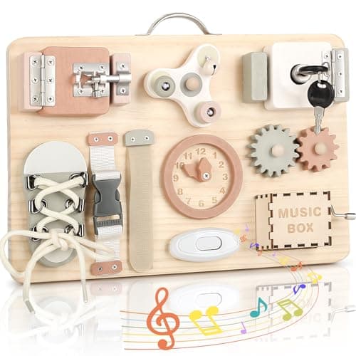 Joyreal Montessori Busy Board for Toddlers - Wooden Sensory Board Activity Board for Fine Motor Skills, Travel Baby Busy Board Sensory Toys for Kids - Image 1