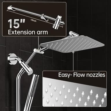 Veken 10" Luxurious All Metal Rain Shower Head with Handheld, High Pressure Rainfall Shower Heads wih Extension Arm, Wide Dual Showerhead with Spray Combo, Bathroom Accessories, Chrome, Silver - Image 6