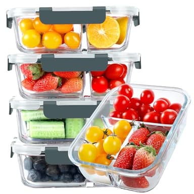 KOMUEE Glass Meal Prep Containers 3 Compartments, 5 Pack 36 oz, Glass Food Storage Containers with Lids, Airtight Lunch Bento Box, Portion Control, Freezer and Microwave Safe - Image 1