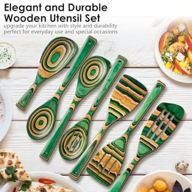 Kitchen Pakkawood Wooden Spoons for Cooking – 7-Piece Kitchen Utensil Set with Spatula, Corner Spoon, Rice Paddle – Nonstick Safe Durable Wooden Cooking Tools for Home Kitchen by Howhong (Oasis) - Image 7