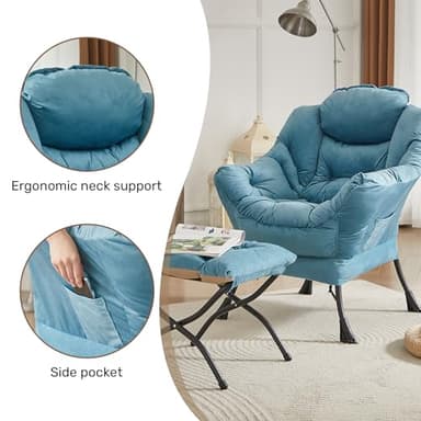 HollyHOME Lazy Chair with Foldable Ottoman, Accent Comfy Lounge Armchair and Folding Footrest Stool, Leisure Sofa Reading Chair and Footstool for Living Room, Bedroom, Dorm,Blue - Image 4