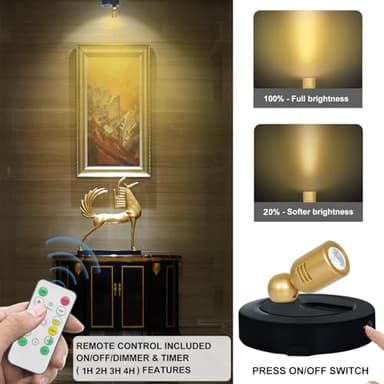 HAMVIDNE LED Spotlight, Battery Powered Spot Lights with Remote, Tree Up Lights Indoor, Dimmable Plants Spotlights, Picture Light for Wall Art Display Dartboard Painting Artwork Accent-2Pack - Image 2