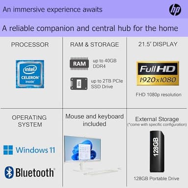 HP All-in-One Desktop| 22" Full HD Display| Intel Dual-core Processor| 16GB RAM| 512GB PCIe SSD| 128GB External Drive & Microsoft Office Trial| KB&Mouse| HDMI&USB-C| WiFi6| Windows 11 Pro - Image 2