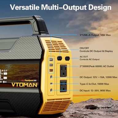 VTOMAN FlashSpeed 300 Portable Power Station 70000mAh, Only 7.4lbs with 7 Outlets, LiFePO4 Generator with Up to 600W AC Outlet, 12V/24V DC Input Adapt RV/Van, PD 100W Type-C for Power Outage, Camping - Image 6