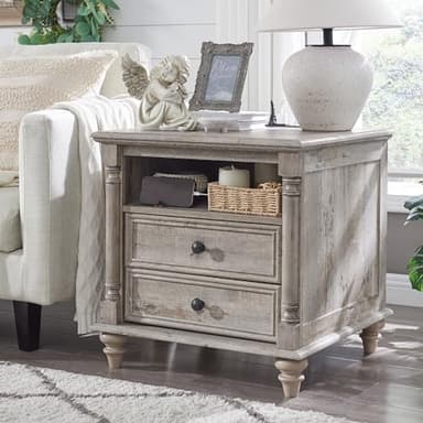 T4TREAM 24'' Farmhouse End Table w/4 Solid Wood Feet, Large 2 Drawers Wide Sofa Side Table with Charging Station, Tall Rustic Wood Square Nightstand for Living Room, Bedroom, Office, Light Rustic Oak - Image 1