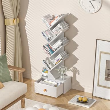 SHEEPAM 8 Tier Tree Bookshelf with Drawer, Free Standing Wood Bookcase for Living Room, Bedroom, Home Office, Space Saving Storage Organizer Bookshelves for Books, CDs, Vinyl Records- White - Image 2