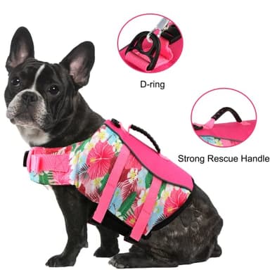 Mklhgty Hawaiian Dog Life Jacket - Adjustable Ripstop Vest with Rescue Handle for Swimming Boating, High-Flotation Safety Device for Small Medium Large Dogs (Floral Pink, XL) - Image 3