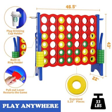 n1keft Jumbo 4 in a Row Game Set,4FT Giant Game Set with Carry Bag&42 Pieces Rings&Cup Holder,Indoor/Outdoor Yard Game for Kids & Adults-Fun Family&Party Game-Boosts Brain Power(Red&Blue) - Image 2