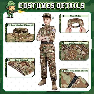 GIFTINBOX Army Costume for Kids, 15PCS Soldier Military Costume Dress Up Role Play Set with Army Accessories, Halloween Costumes for Boys Kids 3-13, Halloween Birthday Gift for Kid - Image 2