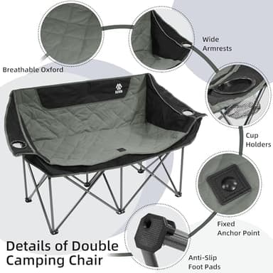 Elevon Camping Chair, Oversized Loveseat Double 2 Person Outdoor Chair with Arms, Cup Holder and Carry Bag, Heavy-Duty Collapsible Chair for Outside,Black/Gray - Image 4