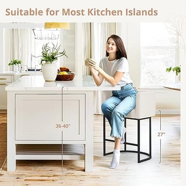 LUE BONA 27" H Counter Height Bar Stools Set of 3, Modern Barrel Counter Stools with Backrest and Arms, Black Metal Frames, Linen Fabric Upholstered Accent Barstools for Kitchen Island, Beige - Image 3