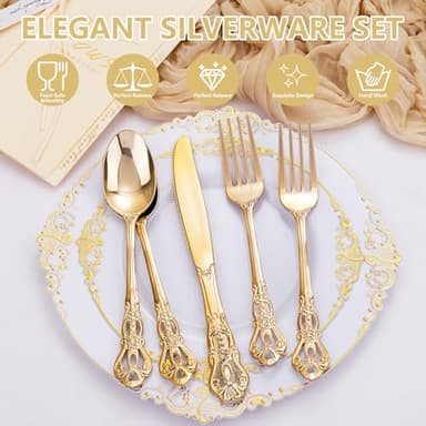 Joyido 300Pieces Gold Plastic Silverware - Heavy Duty Gold Disposable Utensils - Vintage Plastic Cutlery Set Includes 100 Forks, 100 Spoons, 100 Knives for Dinner Parties Weddings - Image 7