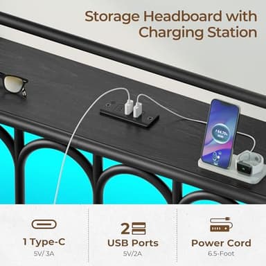 Rolanstar Full Bed Frame with USB Charging Station, LED Bed Frame with Storage Headboard, Black Metal Platform Bed with Sleigh Headboard and Footboard, No Box Spring Needed, Noise Free - Image 4