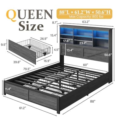 HISOFT Queen Bed Frame with Headboard, Queen Bed Frame with High Storage Bookcase, 4 Storage Drawers & LED & Charging Station,No Box Spring Needed/Noise Free/All-Metal Support, Grey - Image 2