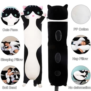 Giant Cat Pillow Plush Cartoon Kitty Sleeping Hugging Pillow, Cuddly Soft Long Kitten Body Pillow Doll Cat Cushion Toy for Kids Girlfriend (Black, 90cm/35.4inch) - Image 6