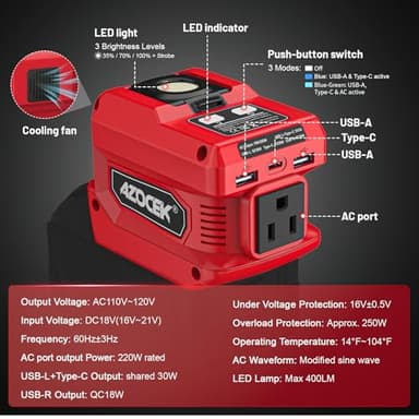 220W Azocek Power Inverter Compatible with Milwaukee 18V Battery, DC 18V to AC 110V Portable Power Station with 1 AC Outlet, 2 USB Ports & 1 Type-C Fast Charging, 400LM LED Work Light - Image 2