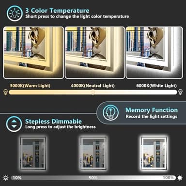 AWANDEE 24x30 LED Bathroom Mirror with Lights, Backlit & Front Lit, Anti-Fog Lighted Vanity Mirror for Bathroom Wall, 3 Colors, Dimmable, Memory, HD Tempered Glass, Shatter-Proof, Horizontal/Vertical - Image 4