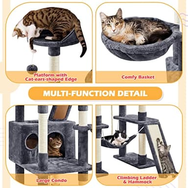 Yaheetech Cat Tree, 82.5in Large Tower w/Hammock, 2 Kitty-Ear Perches, 2 Cozy Condos, Scratching Posts, Basket, Furniture for Large Cats, Kittens, Dark Gray - Image 5