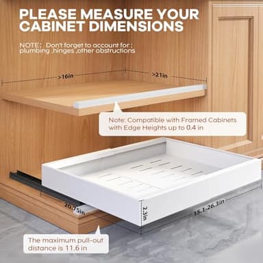 Seinloes 2 Pack Expandable (15.1"-26.3") Pull Out Cabinet Organizer 21" Deep With Raising Pad for Framed Cabinets,Upgrade 3 Slide Rails Slide Out Drawers,No Drill Roll Out Shelves Adhesive,White - Image 3