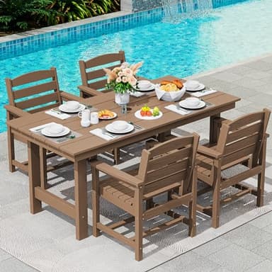 SERWALL 6-Person Outdoor Dining Table - 67" Rectangle HDPE Patio Table with Center Umbrella Hole, Weatherproof, Brown - Image 5