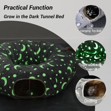 LUCKITTY Cat Tunnel Bed Under Christmas Tree with Plush Ball Toy Playground Crinkle Collapsible Self-Luminous Flannel Fabric 3FT for Large Cats Kittens Kitty Small Animals Puppy Grey Moon Star - Image 3