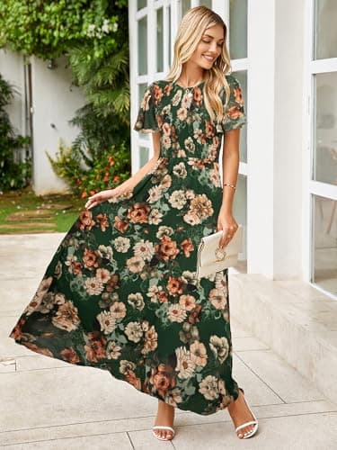 Simplee Womens Spring Floral Maxi Wedding Guest Dress Bohemian Short Sleeve Loose Sundress Lightweight Flowy Prom Vacation Dress(Green XL) - Image 2