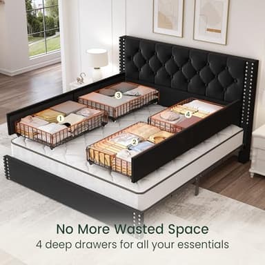 LARMACE Queen Size Platform Bed Frame with 4 Storage Drawers and Tufted Headboard Velvet Upholstered Bed Frame with Heavy Duty Wood Slats, No Box Spring Needed, Easy Assembly, Black - Image 4