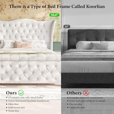 Queen Size Bed Frame-Upholstered Platform Chenille Sleigh Bed-51 inch Scroll Wingback Tall Headboard Footboard-Deep Button Tufted-Easily Assemble-Wood Slats Support-No Box Spring Required-Cream - Image 6