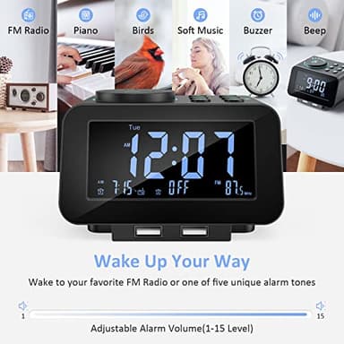 uscce Digital Dual Alarm Clock Radio - 0-100% Dimmer with Weekday/Weekend Mode, 6 Sounds Adjustable Volume, FM Radio w/Sleep Timer, Snooze, 2 USB Charging Ports, Thermometer, Battery Backup - Image 6