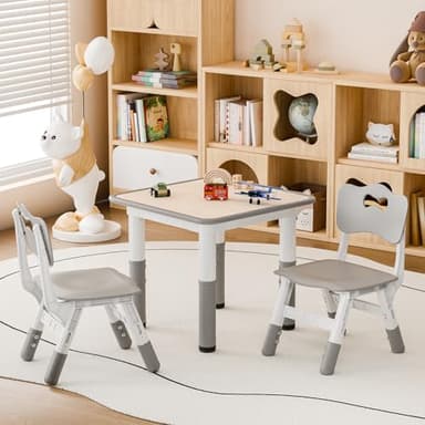 Pterying Kids Table and 2 Chairs Set, Height Adjustable Toddler Table and Chair Set, 23.6" L x 23.6" W Children Multi-Activity Table for Ages 2-8, Graffiti Desktop, Daycare, Classroom, Home (Grey) - Image 5