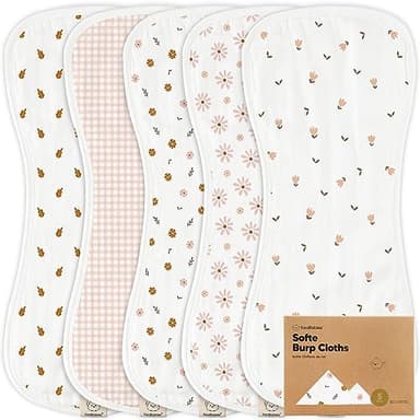 5-Pack Muslin Burp Cloths Baby Boy, Girl - Very Absorbent Baby Burp Cloth Rags, 8-Layers Viscose Derived from Bamboo Cotton Muslin Towel, Super Soft Spit Up Rags, No Shrink Washcloths (Petals) - Image 1