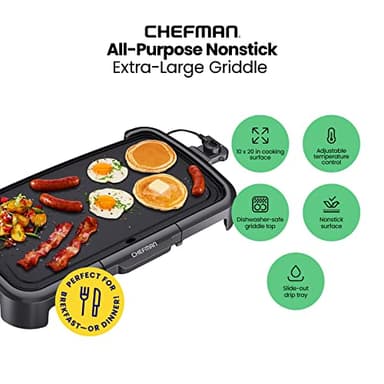 Chefman XL Electric Griddle with Removable Temperature Control, Immersible Flat Top Grill, Burger, Eggs, Pancake Griddle, Nonstick Extra Large Cooking Surface, Slide Out Drip Tray, 10 x 20 Inch - Image 2