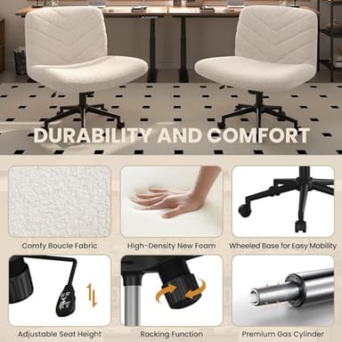 Yaheetech Wide Criss Cross Legged Office Desk Chair with No Wheels, Vanity Comfy Swivel Computer Chairs for Home Office Reading Makeup, Ivory - Image 4