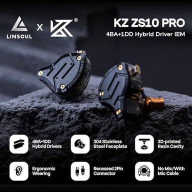 Linsoul KZ ZS10 Pro, 4BA+1DD 5 Driver in Ear Monitor, HiFi Wired Earbuds, Gaming Earbuds, Hybrid IEM Earphones with Stainless Steel Faceplate, Detachable Cable for Musician(Without Mic, Dark Black) - Image 2